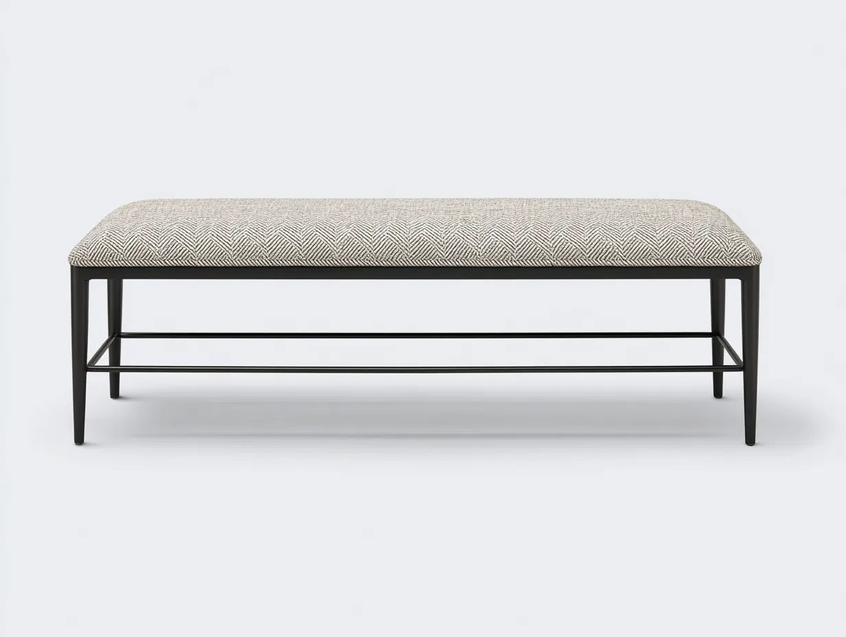 Banco de dormitorio 140×40×45 cm - gris claro - asiento tapizado con estructura metálica moderna