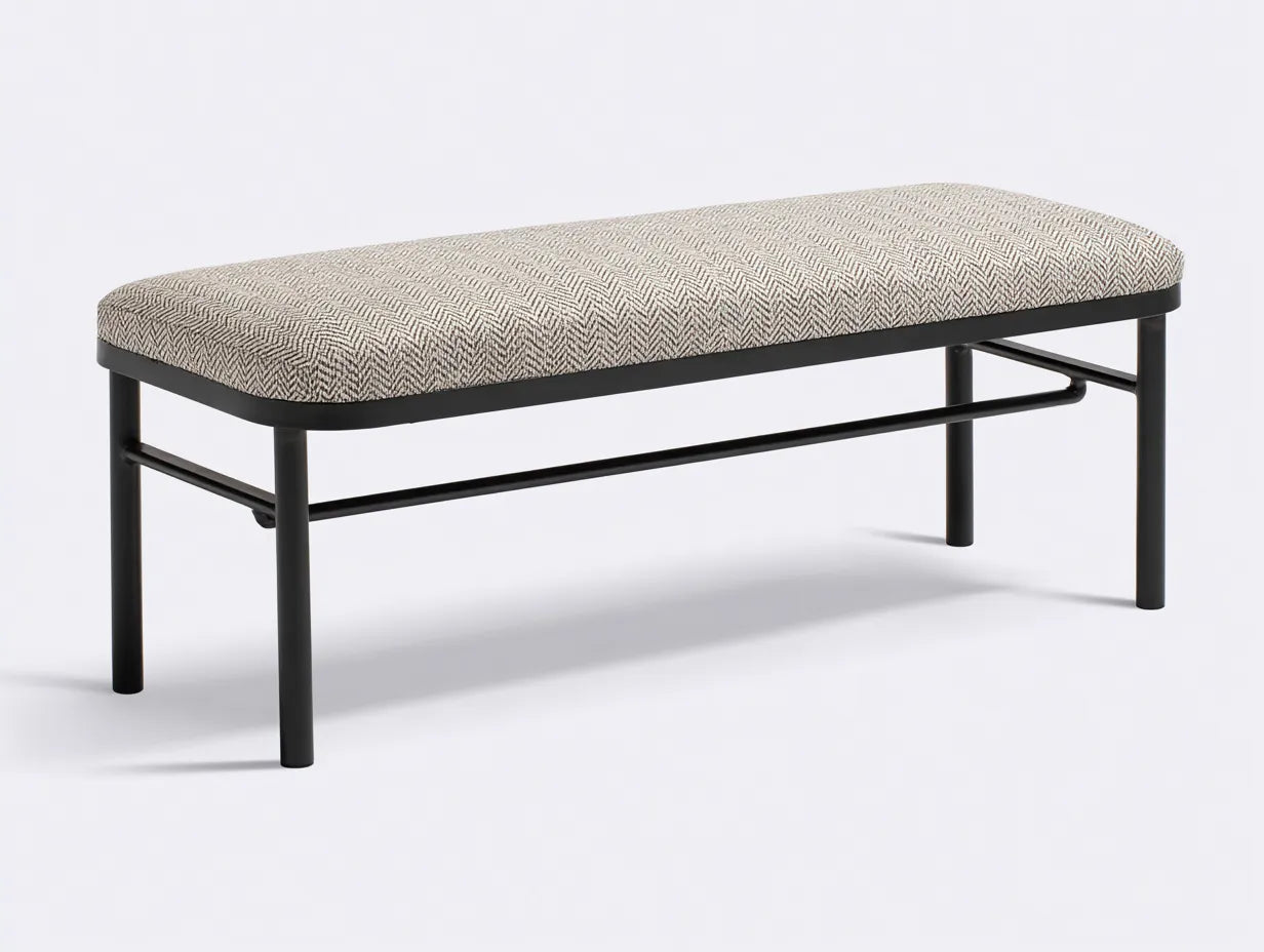 Banco de dormitorio 150×45×50 cm - tela gris y metal negro - diseño contemporáneo