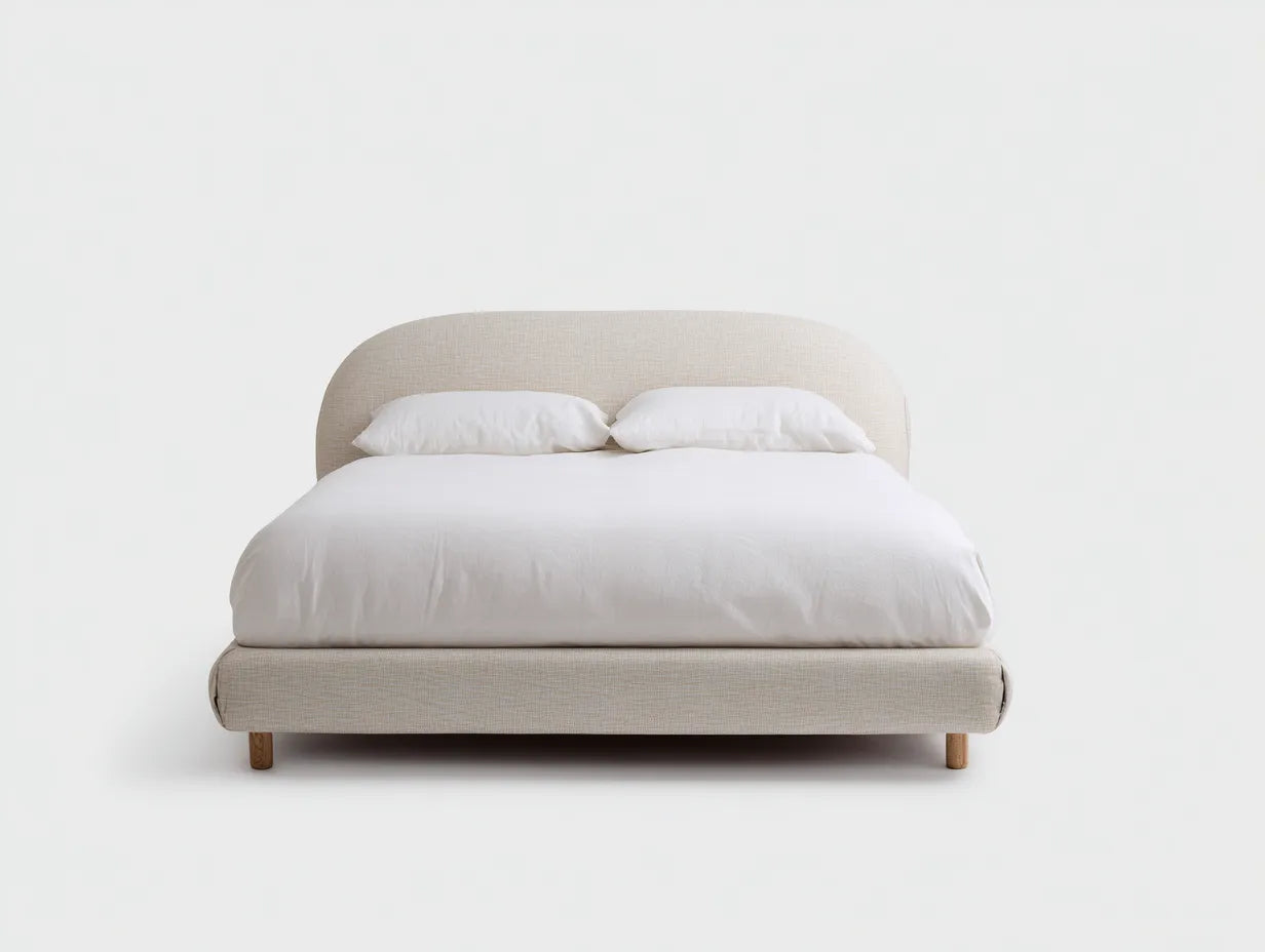 Cama doble 210×180×100 cm - beige tela y madera natural - diseño minimalista para dormitorio