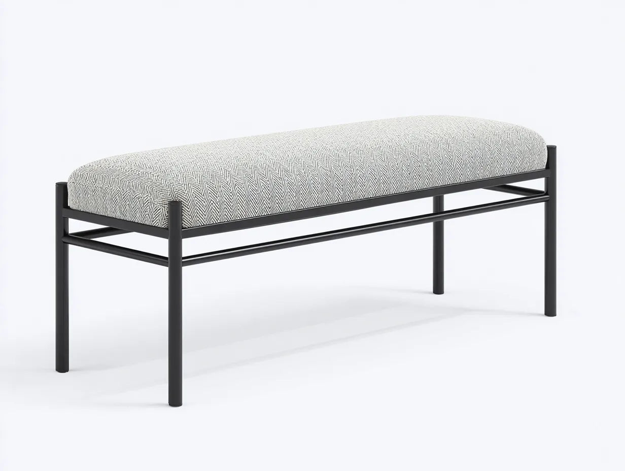 Banco de dormitorio 150×45×50 cm - tapizado gris con base metal negro - estilo minimalista