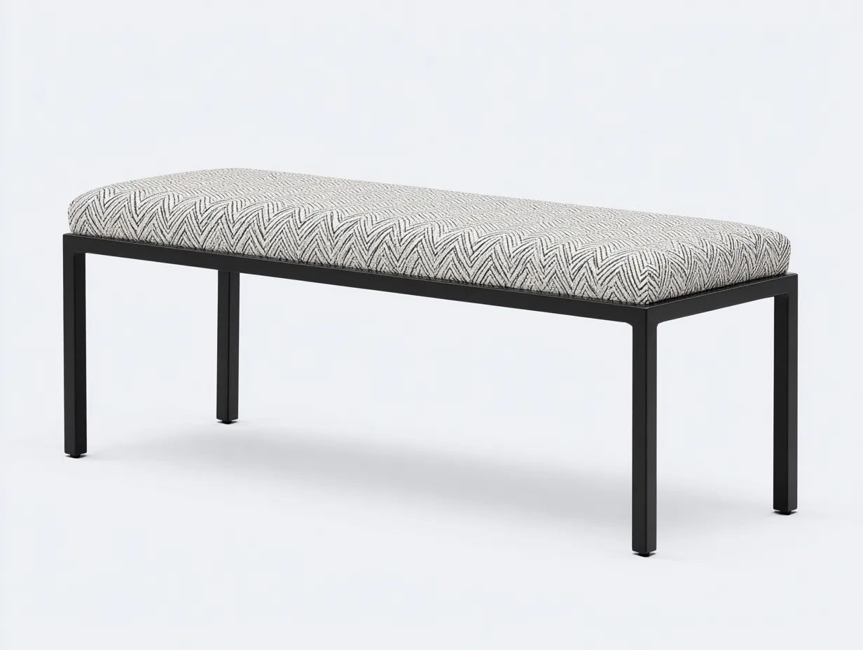 Banco de dormitorio 140×45×45 cm - tela gris y estructura metal negro - estilo moderno
